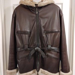 Chaarm - Leather hooded bomber Jacket - Size: XL